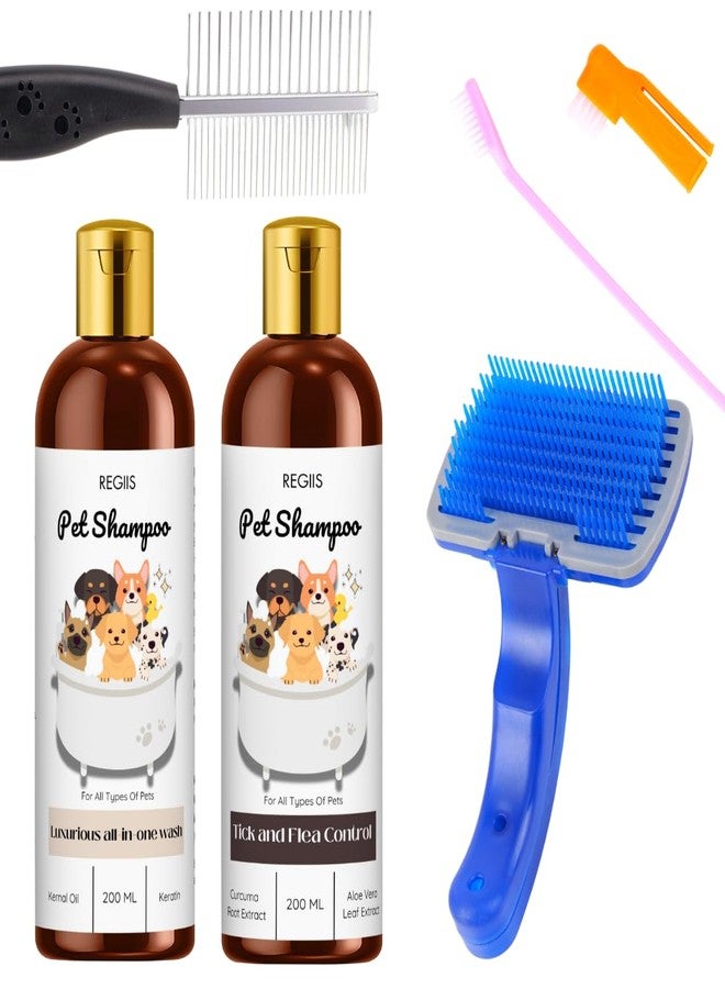 REGIIS Pet Grooming Kit with Dog Shampoo Set, 2x200ml All-in-One Wash and Tick Control Formula, Self-Cleaning Brush, Metal Comb(PACK OF 5) - Image 1